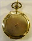 Gouden zakhorloge, circa 1920. Maker: Pronto. Emaille wijzerplaat met arabische cijfers. Prijs: .750,-